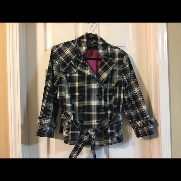 LARRY Levine peplum black and cream double breasted plaid belted blazer size 14 - Picture 4 of 6